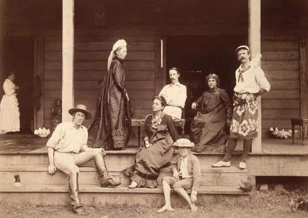 L-R: Lloyd Osbourne, Margaret Balfour, Isobel Strong, Robert Lewis Stevenson, Austin Strong, Fanny Stevenson, Joe Strong Picture: J. Davis circa 1891