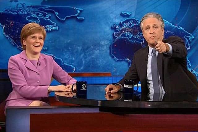 Nicola Sturgeon and Jon Stewart on the Daily Show in the US. Picture: Contributed