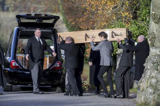 The coffin of Bailey Gwynne is carried to a hearse following his funeral service at Maryculter Parish Church in Aberdeenshire. Picture: PA