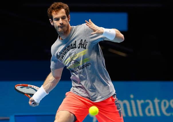 Andy Murray practises at the O2 Arena in London prior to his first match against David Ferrer. Picture: Getty Images