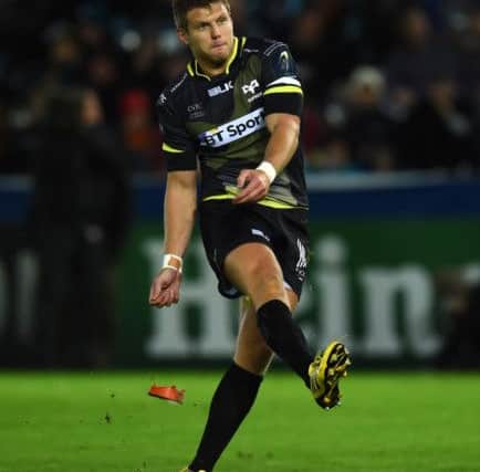 Ospreys' Dan Biggar kicks the games first points against Exeter Chiefs at Liberty Stadium. Picture: Getty Images
