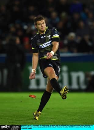 Ospreys' Dan Biggar kicks the games first points against Exeter Chiefs at Liberty Stadium. Picture: Getty Images