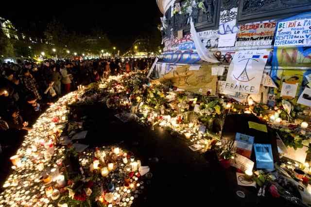 The makeshift memorial in tribute to the victims of the Paris attacks at the Place de la Republique. Picture: AFP/Getty Images