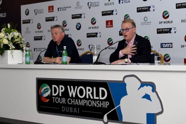 Keith Pelley addresses the assembled media during a press conference prior to the start of the DP World Tour Championship. Picture: Getty