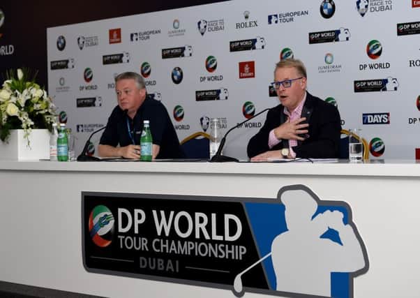 Keith Pelley addresses the assembled media during a press conference prior to the start of the DP World Tour Championship. Picture: Getty