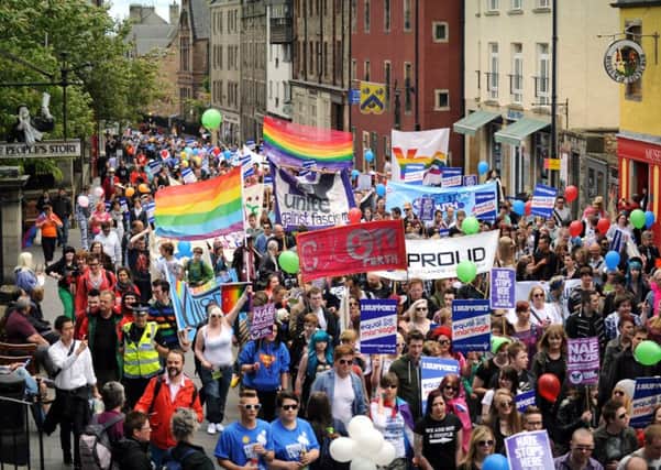 A Scotia Pride march taking place in Edinburgh. Picture: Jane Barlow