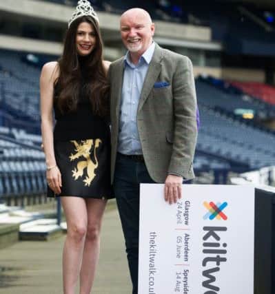 Sir Tom Hunter and Miss Scotland Mhairi Fergusson at Hampden Park for the launch of Kiltwalk 2016. Picture: John Devlin