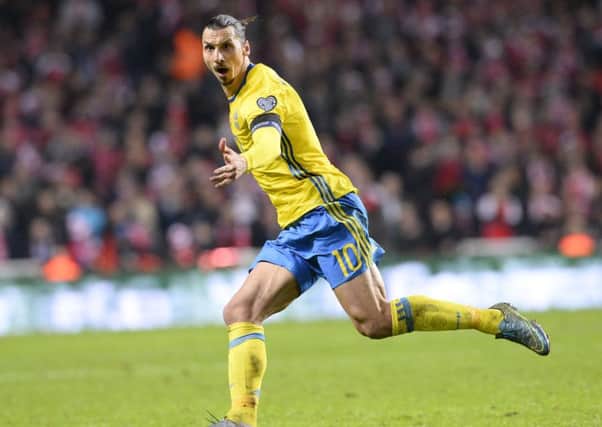 Sweden's forward and team captain Zlatan Ibrahimovic celebrates after scoring his second. Picture: Getty