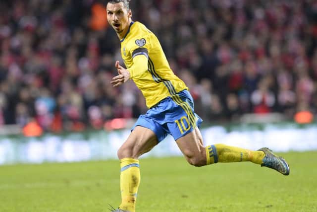 Sweden's forward and team captain Zlatan Ibrahimovic celebrates after scoring his second. Picture: Getty