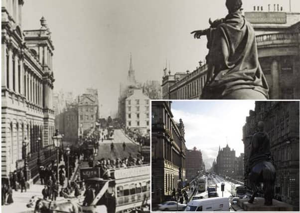 The statue of the Duke of Wellington mounted on his horse faces North Bridge, 1885. Picture: Our Town Stories / Edinburgh Council