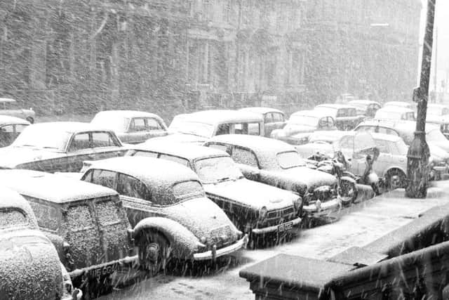 Easter blizzard in Glasgow 1963 - Snow covered cars in City - St Vincent Street