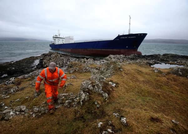 Container ship Lysblink Seaways ran aground at Kilchoan on the Ardnamurchan peninsula in February. Picture: PA