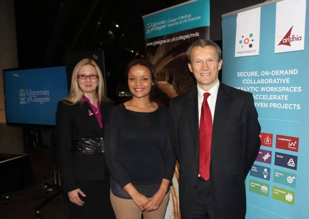 From left: Carol Clugston, MVLS college secretary; Glasgow City of Science programme director Susie Mitchell; and Aridhia executive chairman David Sibbald