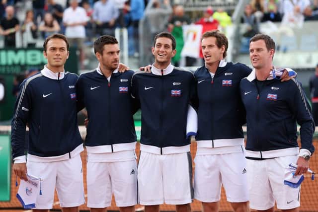 The British team before their Davis Cup quarter-final against Italy last year, from left, Ross Hutchins, Colin Fleming, James Ward, Andy Murray and team captain Leon Smith. Picture: Getty