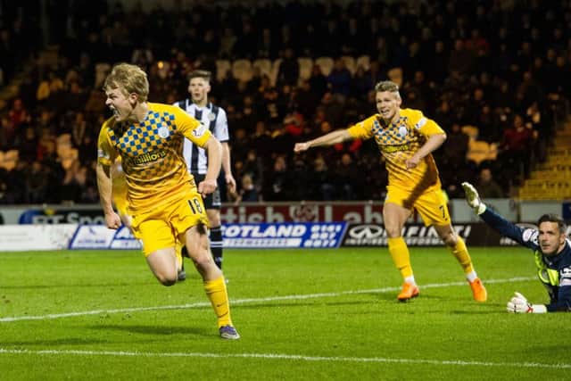 Morton substitute Alex Samuel wheels away in celebration after scoring a late equaliser against Renfrewshire rivals St Mirren. Picture: SNS