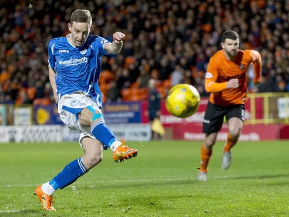 St Johnstone striker Steven MacLean fires wildly over the bar from the penalty spot after John Rankin had tripped Chris Kane in the box in the second half. Picture: SNS