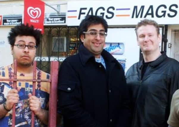 Omar Raza, left, with the cast of Fags, Mags and Bags