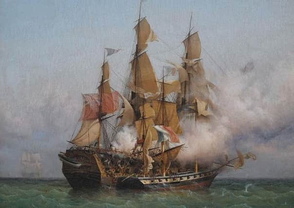 Capture of the Kent by Confiance was painted by Ambroise Louis Garneray in tribute to  Robert Surcouf, a French privateer who seized the ship, owned by the East India Trading Company, in 1800.