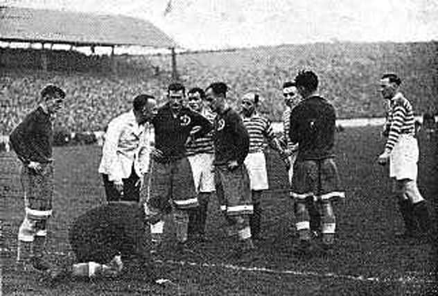 Rangers, playing in their narrow blue and white hooped Butchers shirt away kit, drew 2-2 with Moscow Dynamo at Ibrox in 1945