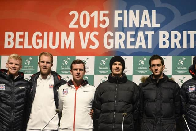 From left: Britains Dominic Inglot, Kyle Edmund, captain Leon Smith, Andy Murray, James Ward and Jamie Murray. Picture: Getty