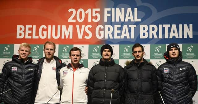 From left: Britains Dominic Inglot, Kyle Edmund, captain Leon Smith, Andy Murray, James Ward and Jamie Murray. Picture: Getty