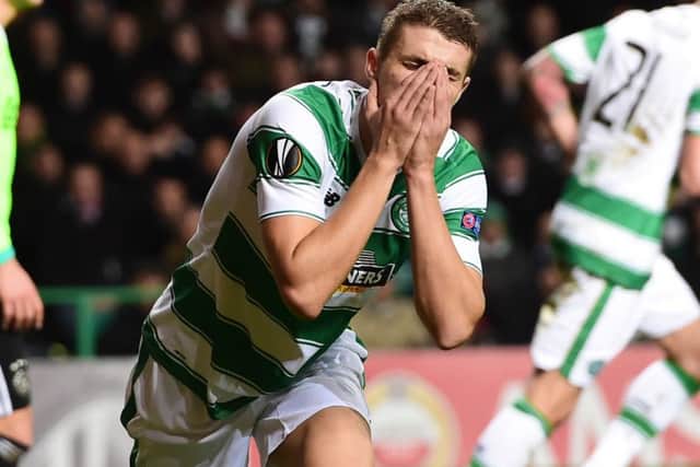 Dejection for Celtic's Jozo Simunovic after missing a second half chance. Picture: SNS