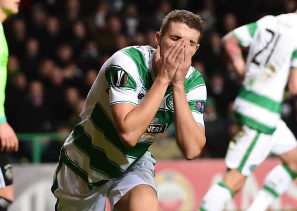 Dejection for Celtic's Jozo Simunovic after missing a second half chance. Picture: SNS