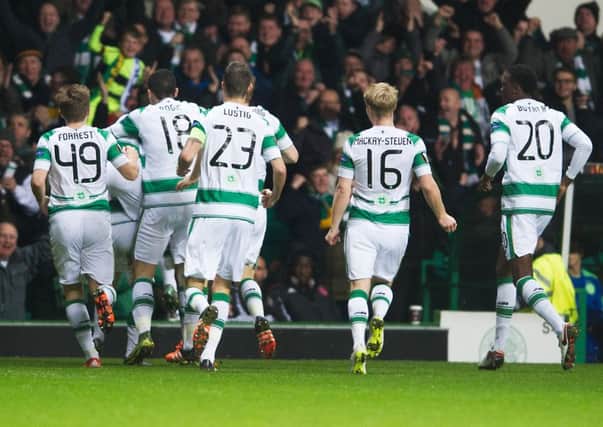 The Celtic players celebrate after McGregor's opener - it was all down hill from there. Picture: John Devlin