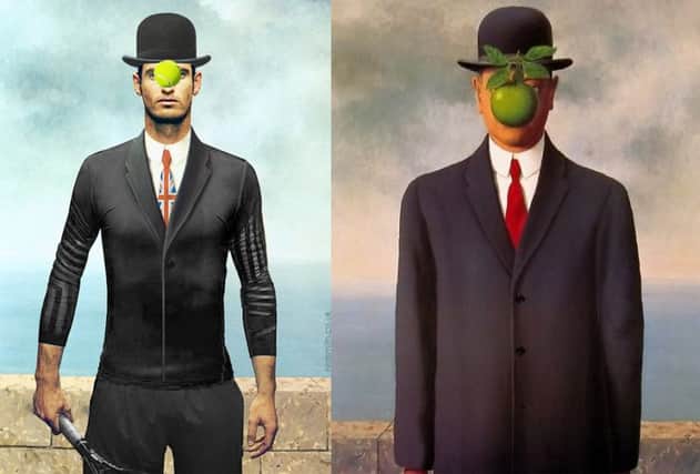 Son of Tennis by Nial Smith, left, and the original Son of Man by Rene Magritte, right. Pictures: @NialSmith / Contributed