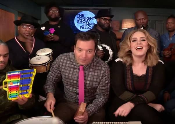 Adele performs Hello using classroom instruments on Jimmy Fallon's Tonight Show