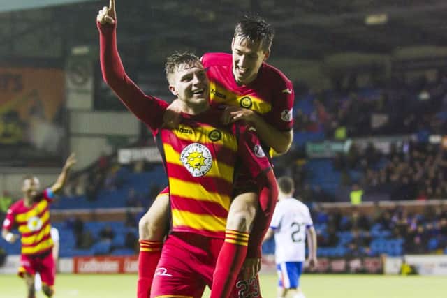 Partick Thistle's Robbie Muirhead (front) celebrates his goal with team mate Callum Booth. Picture: SNS