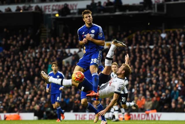 Harry Kane attempts a late overhead free-kick. Picture: Getty