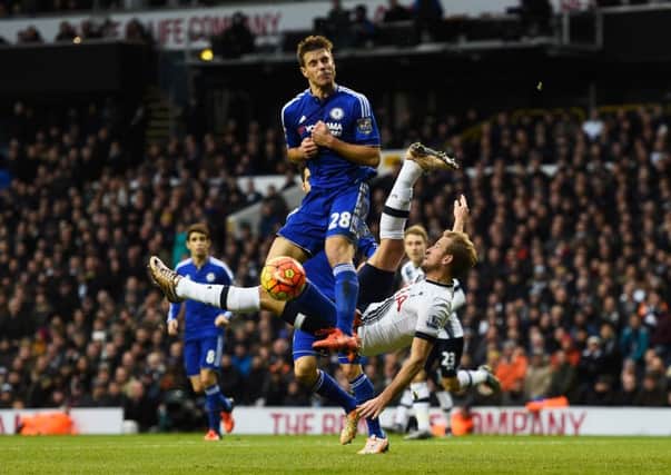 Harry Kane attempts a late overhead free-kick. Picture: Getty