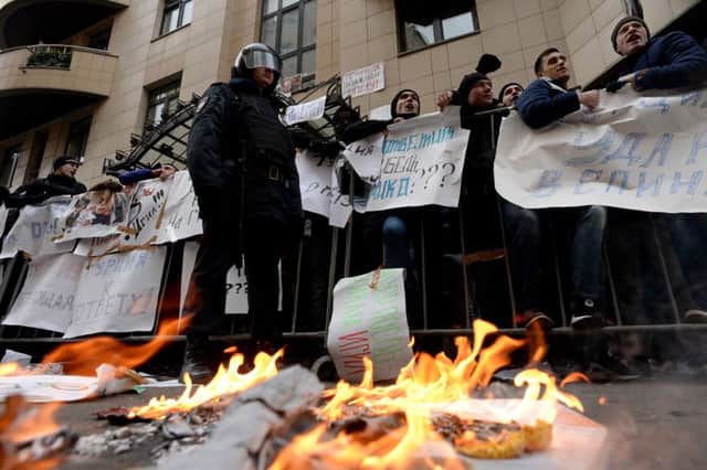 Anti-Turkey protests outside the Turkish embassy in Moscow. Picture: AFP/Getty Images