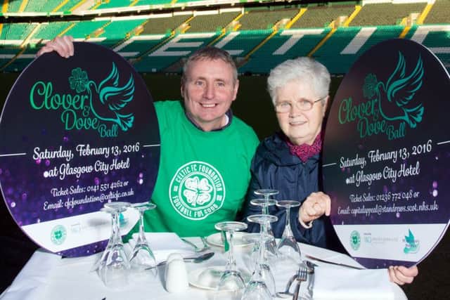 Former club captain Tom Boyd joins Sister Catherine from St Andrews Hospice at Celtic Park yesterday to promote the Celtic Charity Foundations Clover and Dove Ball. Picture: SNS Group