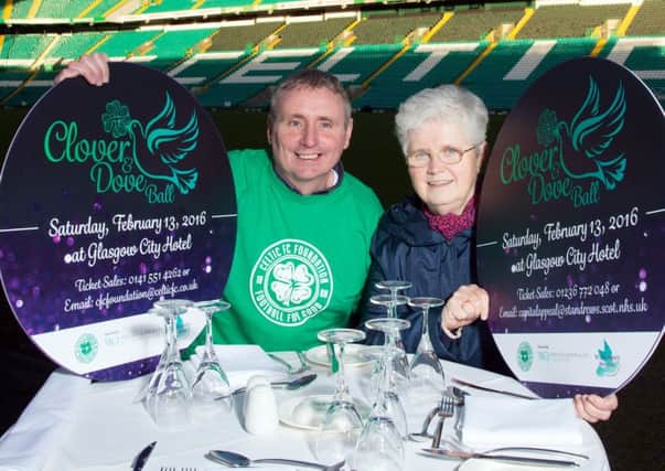 Former club captain Tom Boyd joins Sister Catherine from St Andrews Hospice at Celtic Park yesterday to promote the Celtic Charity Foundations Clover and Dove Ball. Picture: SNS Group