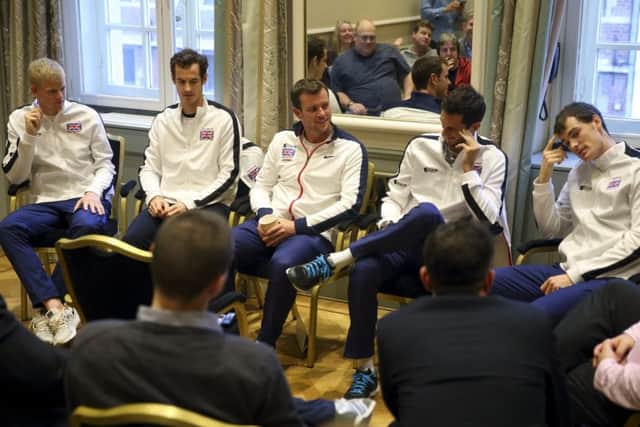 Captain Leon Smith, Kyle Edmund, Andy Murray, James Ward and Jamie Murray contemplate life after the Davis Cup. Picture: Getty Images