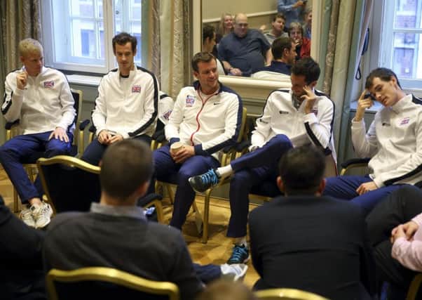 Captain Leon Smith, Kyle Edmund, Andy Murray, James Ward and Jamie Murray contemplate life after the Davis Cup. Picture: Getty Images