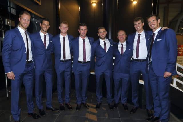The victorious Great Britain team, Dom Inglot (left), James Ward, Kyle Edmund, Captain Leon Smith, Dan Evans, Matt Little, Jamie Murray and Andy Murray. Picture: Getty Images