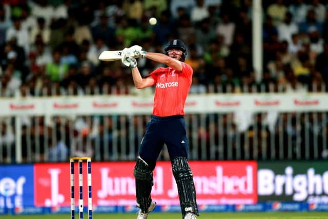 James Vince, who top scored for England with 48, watches a no-ball flash over his head in Sharjah. Picture: Getty Images