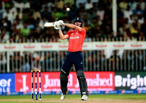 James Vince, who top scored for England with 48, watches a no-ball flash over his head in Sharjah. Picture: Getty Images