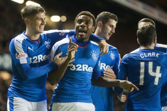 Rangers' Nathan Oduwa celebrates scoring his side's third goal during the Championship victory over Dumbarton.  Picture: Jeff Holmes/PA.