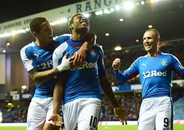 A delighted Nathan Oduwa celebrates scoring his first goal for Rangers. Picture: SNS
