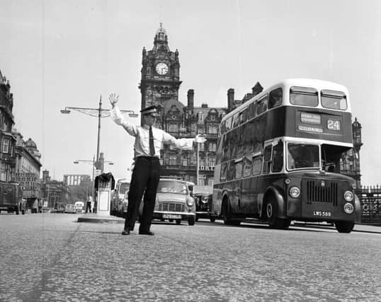 A policeman in shirt sleeves on duty in Princes Street, Edinburgh in the summer of 1965