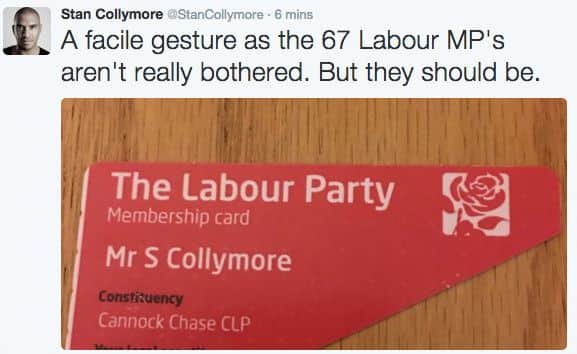 In this tweet, since deleted, Collymore posted a photo of his cut-up Labour membership card. Picture: Twitter/StanCollymore