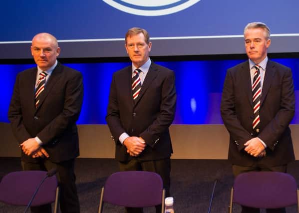 Mark Warburton, left, alongside Dave King and Paul Murray at the recent Rangers AGM. Picture: John Devlin
