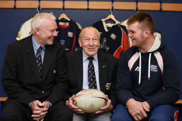 The late Jim Inglis, a Selkirk stalwart capped once for Scotland, pictured last year at Philiphaugh between John Rutherford, left, and Andrew Renwick. Picture: Stuart Cobley