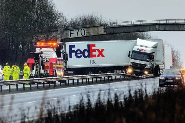 A jackknifed lorry partially closed the M8 at J3A Bathgate in the early hours of Saturday morning. Picture: Hemedia