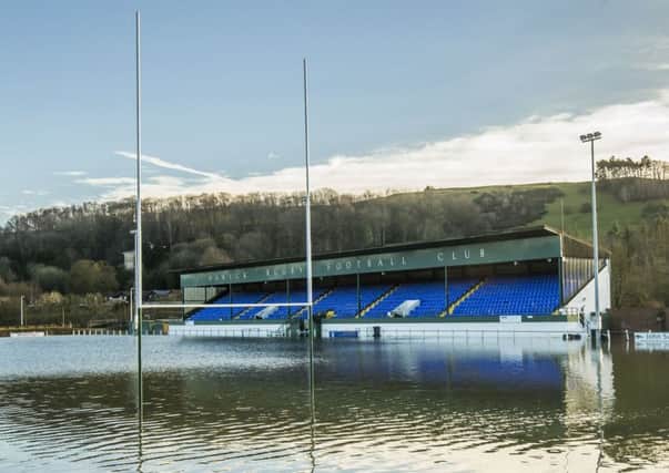 The flooded pitch of Hawick Rugby and Football Club in Scotland, after the River Teviot burst its banks. Picture: PA