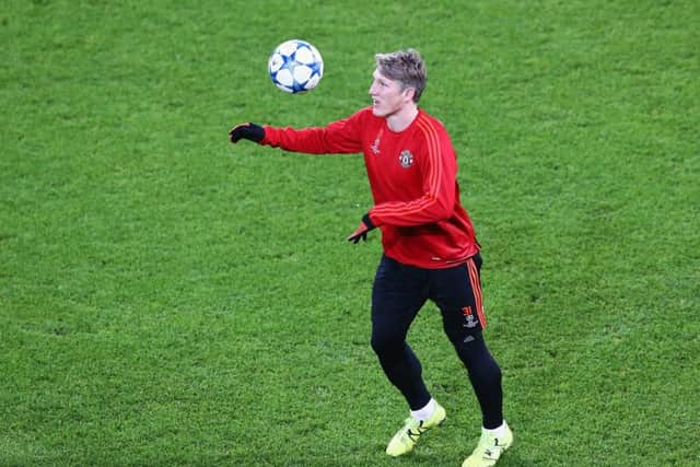 Bastian Schweinsteiger in training prior to the UEFA Champions League match against VfL Wolfsburg. Picture: Getty